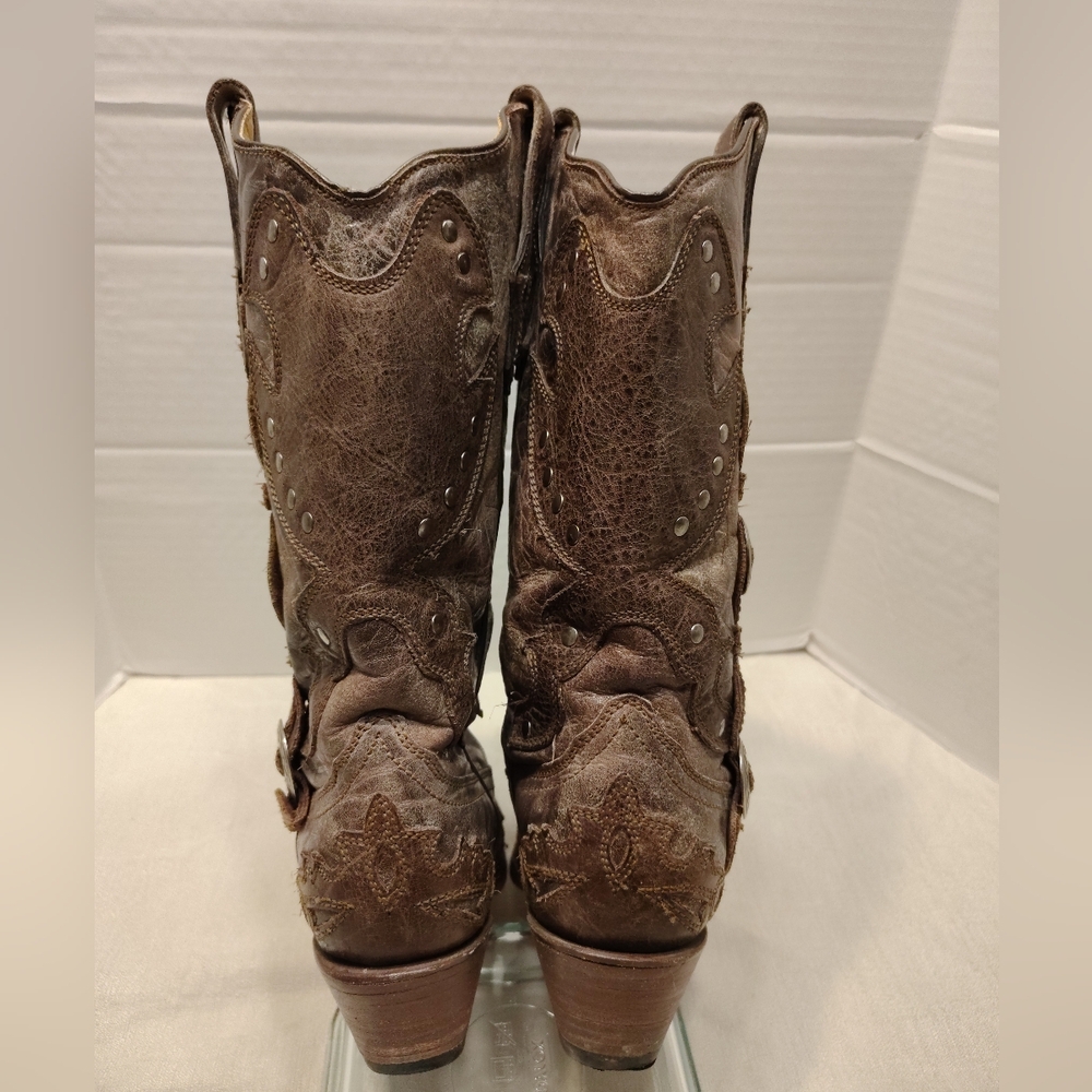 Brown Embroidered Leather Western Heeled Boots - Picture 7 of 15